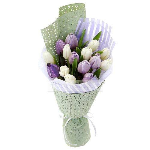 Фото товара 15 біло-фіолетових тюльпанів у Тернополі