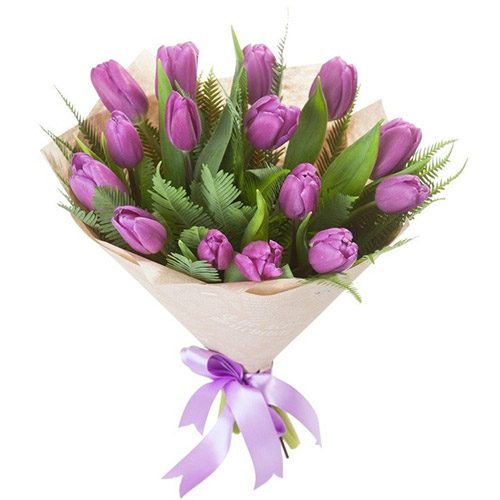 Фото товара 15 фиолетовых тюльпанов с декором у Тернополі