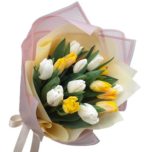 Фото товара 15 бело-жёлтых тюльпанов у Тернополі