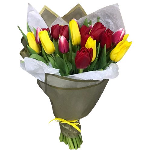 Фото товара 21 червоно-жовтий тюльпан у подвійному пакуванні у Тернополі