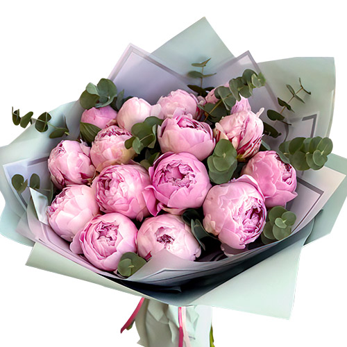 Фото товара 15 светло-розовых пионов с зеленью у Тернополі