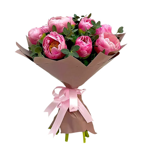 Фото товара 9 розовых пионов с зеленью в крафт у Тернополі
