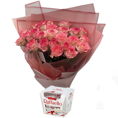 Фото товара 25 рожевих троянд із цукерками у Тернополі